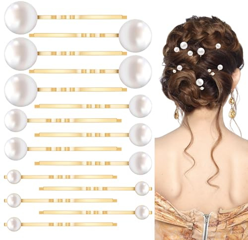AOZUO 15 Pcs Gold Pearl Hair Pins Wedding, Elegant Pearl Hairpins in 3 Sizes, Wedding Hair Clip Barrettes Hair Accessories for Brides Bridesmaid Women Girls