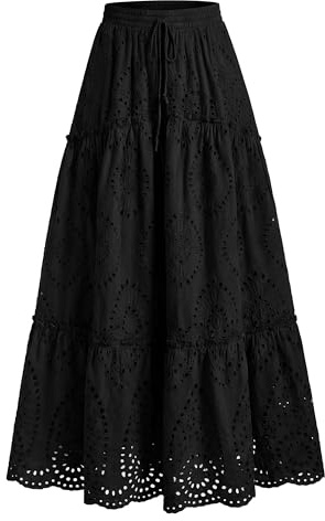 BTFBM Boho Long Skirts for Women Spring Summer 2026 Lace Embroidery High Waist Flowy Tiered Maxi Skirt Beach Vacation(Black, Small)