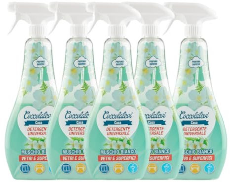 COCCOLATEVI Detergente Vetri Muschio Bianco 750 ml x 5, Pulizia Vetri Senza Aloni, Asciugatura Rapida, Pulitore Vetri Pulisce e Deterge, Spray Vetri Super Profumante