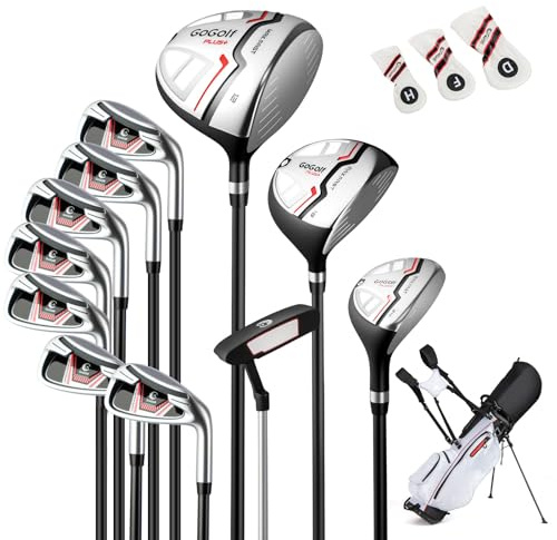 COSTWAY 12 Pieces Complete Golf Clubs Set for Men Women, Golf Club Package Set with 460CC #1 Driver, #3 Fairway and #5 Hybrid, #5#6#7#8#9#P #S Irons & Putter, Rain Hood, Right Hand (Red)