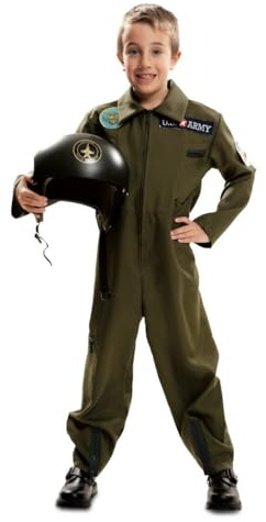 My Other Me - Disfraz de Piloto niño, talla 7-9 años. Incluye mono verde oliva con cremallera frontal, bolsillos funcionales, emblemas, y cremalleras en los tobillos.