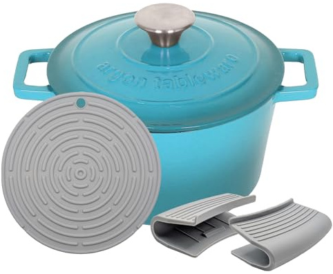 Argon Tableware Cocotte Ronde en Fonte avec Couvercle Auto-Arrosant - 2.8L - Ombre Bleu Sarcelle - 1x Plaque à Induction Cuisson Cocotte Pain Pâtisserie Service Grillage Ragoût Marmite Ustensiles