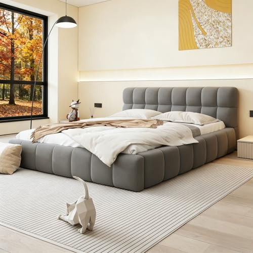 BRILVERDE Letto imbottito 160x200, modello Bubble, letto matrimoniale con testata morbida, letto per ragazzi, struttura con rete a doghe, in lino, senza materasso (Grigio, 160 x 200 cm)