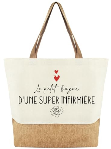 Cadeau Infirmière Sac Jute Tote Bag Femme, Sac Cabas de Plage Courses Coton et Jute, Cadeau pour Infirmiere, Collègue, Ami, Cadeaux pour Anniversaires, Fête des Infirmières, Pot de Départ, Merci