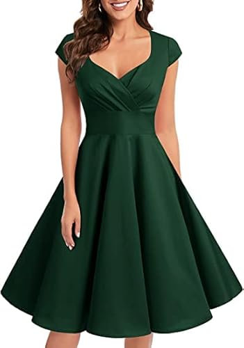 Bbonlinedress Women's 50s 60s A Line Rockabilly Dress Cap Sleeve Vintage Swing Party Dress Dark Green L