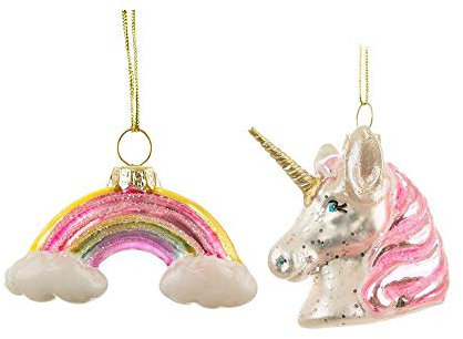 itsisa Baumschmuck Einhorn 2er Set - Baumkugel Regenbogen, Pferd, Weihnachtsdeko, Christbaumkugel