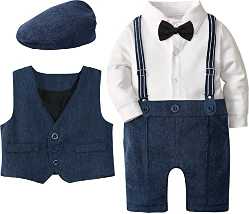 mintgreen 3Pcs Bébé Garçon Ensemble de Costume Chemise + Pantalon+ Gilet pour Mariage Baptême, Bleu Foncé, 12-18 Mois, 90