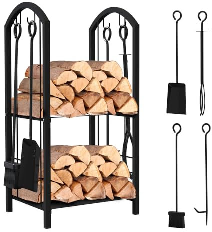 VOUNOT® Porte Bûches de Cheminée avec 4 Outils Grande et 2 Étagères en Métal Grande Capacité Support de Stockage de Bois Intérieur Extérieur Range Bûches Multi Accessoires 75 * 38 * 38cm Noir