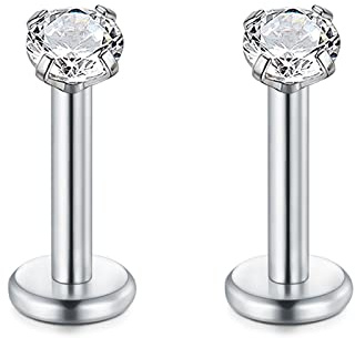 Rajnard 16G in Acciaio Chirurgico Labbro Piercing Stud Argento 6mm cartilagine Tragus Helix Orecchini Piercing Labret con 2mm Zircon Filo Interno Piercing Gioielli per Le Donne Uomini
