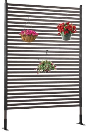 OTOSUNNY Metal Outdoor Privacy Screen with Stand, 4 ft W x 6 ft H PE-Coating Steel Pipes and Slats Panels, Decoative Privacy Screen Fence Panels Freestanding for Outside Patio Garden Backyard, Brown