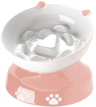 Y YHY Ceramic Slow Feeder Cat Bowl, Elevated Cat Bowl Tilted Design Slow Feeder for Dog and Cat for Dry and Wet Food, Pink