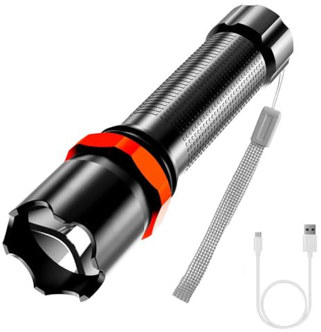 Mini Torcia LED Portatile, Torcia LED Ricaricabile, Mini Torcia Elettrica, Con Impugnatura Antiscivolo e Laccetto da Polso, USB Torcia Elettrica Ricaricabile per Campeggio Escursionismo Emergenza