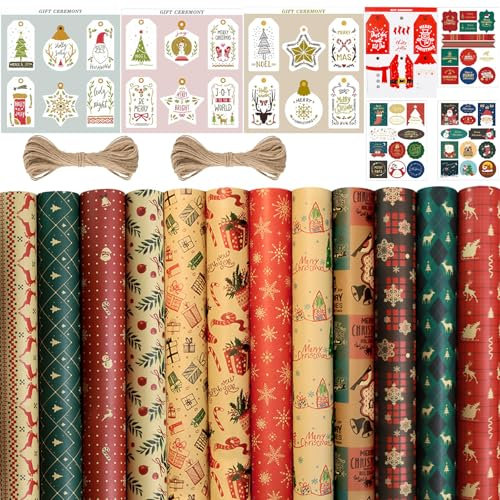 Geschenkpapier Weihnachten Set, 12 Blatt Weihnachtsgeschenkpapier, Christmas Wrapping Paper, Weihnachtspapier Geschenkpapier für Feste und Feiern, 70 cm x 50cm