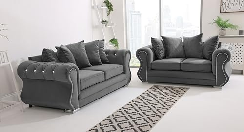 Sofahub Falcon Grey Plush Velvet 3 + 2 Sofa Set | Scatterback Upholstered Fabric Couch Set with Foam Cushions, Button Tufted Arms & Chrome Feet | Living Room Furniture