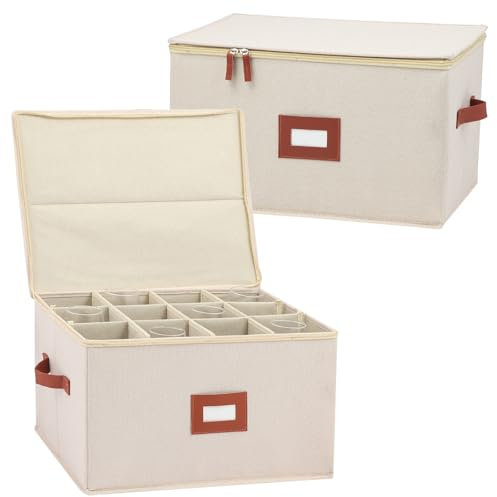 Daomaa Stemware Storage Containers 2 Pack, Wine Glass Storage Box with Dividers for Glassware or Champagne Flutes, Protects Fine China, Hard Top, Sides and Stackable (Beige)