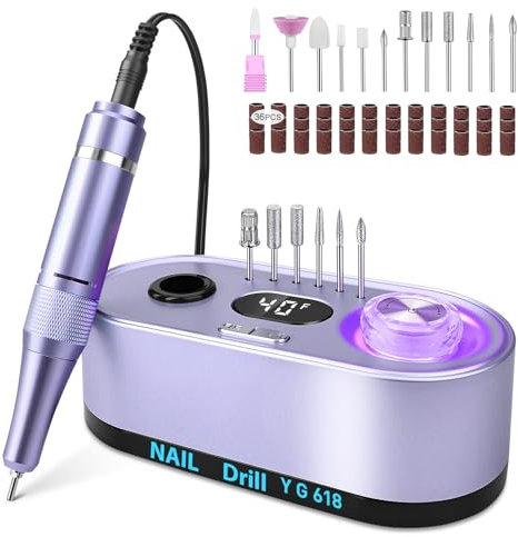 Urbuti Fresa per Unghie ,Fresa per Unghie Professionale 40000 giri Con 12 Testine di Levigatura, Display LCD, Controllo del Pulsante Illuminato,Silenzioso (Viola chiaro)
