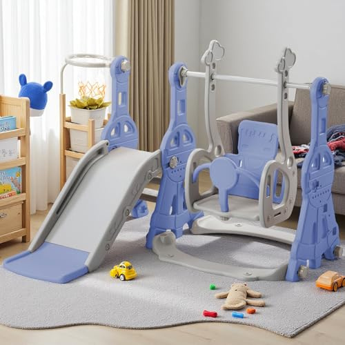 Scivolo per bambini 4 in 1, scivolo per interni ed esterni con altalena, struttura per arrampicata, canestro da basket, scivolo da giardino parco giochi per bambini, montaggio facile (Blu - 4 in 1)