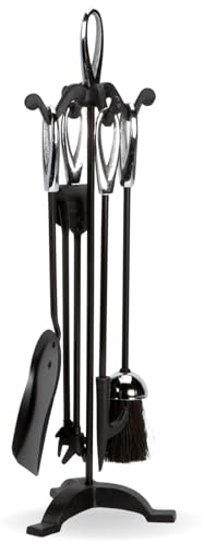 Black Chrome 5 Piece Loop Handle Fireplace Companion Set Fire Tools FIRE59 | Black and chrome 5-piece fireplace tool set with stylish loop handles, including tongs, brush, poker and shovel with stand
