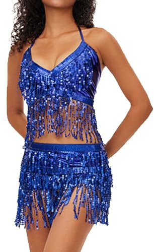 Latin Dance Outfits 2 Piezas Ropa de Baile de Rendimiento para Mujeres Lentejuelas Cortas con Brillo Conjunto De Falda con Flecos