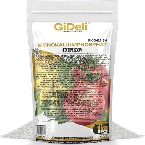 GiDeli Kaliumfosfat Kristallint Vattenlösligt 1kg - Bladgödsel och Markgödsel för Blomning och Fruktsättning - Löses Helt Utan Rester - till Grönsaker Fruktträd Prydnadsväxter och Barrträd