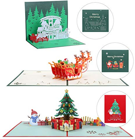Kesote 3 x julkort, popup-kort, 3D, gratulationskort, jul med kuvert (julgran + jultomte, hus)