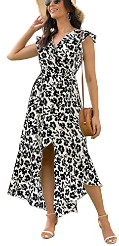 GRECERELLE Womens Summer Maxi Dress Boho Floral Cocktail Midi Polka Dot Wrap Dresses V Neck Casual Party Bohemian Flowy Long Dress for Ladies (FP Big Lily White, M)