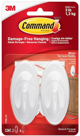 Command Indoor Terrace Hooks, 2 Hooks and 4 Strips, Damage-Free Hanging Wall Hook with Adhesive Strips, No Tools Great for Hanging, Organization and Storage, Holds up to 3 lb