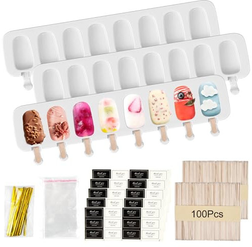 Eisformen Silikon, Eis Am Stiel formen, 3 Stück 8 Zellen Silikon EIS am Stiel Formen, Cakesicles Silikonform mit 100 Holzstielen, 50 selbstklebende Beutel, 50 Verpackungsdraht und 60 Aufkleber