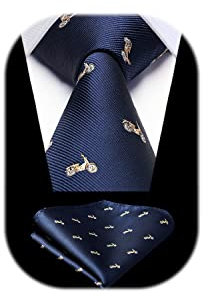 HISDERN Navy Blue Tie for Men Motorbike Pattern Ties Handkerchief Novelty Animal Print Wedding Necktie & Pocket Square Set