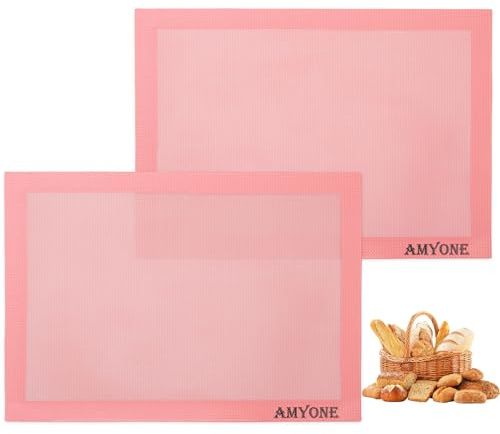 AMYONE Perforated Baking Mats, 2 PCS Pink Eclair Silicone Mat for Half Sheet, Non-Stick Reusable Oven Liners for Making Bread/Pizza/Pastry/Cookie 11 5/8 x 16 1/2, Sakura Pink
