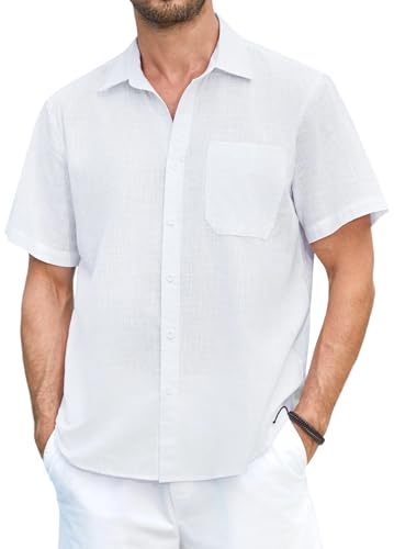 HISDERN Camicia Lino Bianca Uomo Estiva Casual Camicie Maniche Corte Colore Solido Camicia con Tasca per Spiaggia Vacanza Regular Fit S