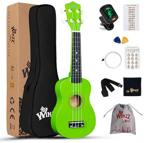 Winzz Ukelele Soprano Starter Kit para Principiante. Incluye: Funda, Afinador, Cuerdas Extra, Correa Ajustable, Púas, Pegatinas de notas, Guía de Acordes y Paño de Pulido. Color: Verde Claro