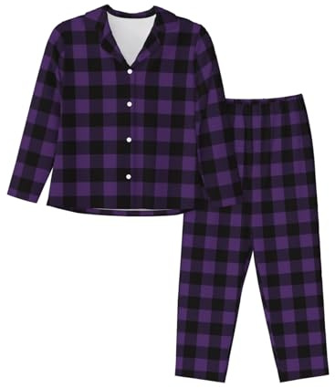 Pyjamasset för kvinnor med fickor – lila svart pläd bekväm lång 2-delad nattkläder pyjamas lounge-set för kvinnor, Svart, XXL