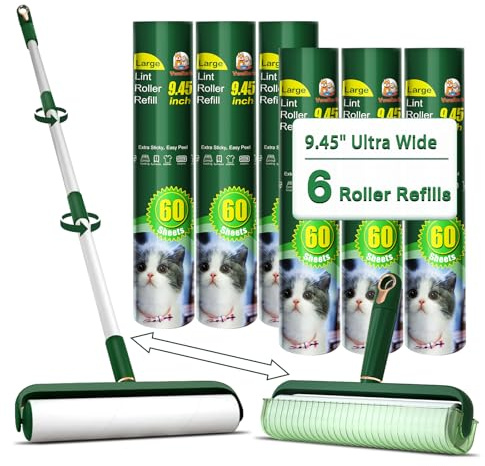 Rodillos de pelusa grandes para pelo de mascotas, rodillo de pelusa de piso con recambio de rodillo gigante de 9.45 pulgadas, 360 hojas en total, rodillos adhesivos de mango extensible para suelo,