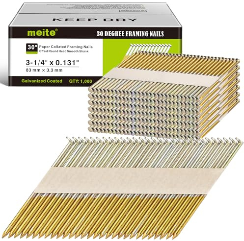 meite 30 Degree Framing Nails 3-1/4 Inch Electro-Galvanized Paper Collated Nails for 30-34 Degree Framing Nailer, Offset Round Head Smooth Shank Framing Nails for Wall Stud Sheathing Decking 1,000PCS