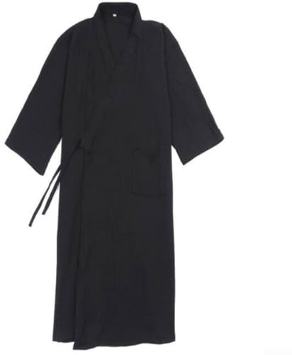 babominimer Men's Japanese Style Kimono Yukata Bathrobe Pajamas Long Cotton Home Robe With Belt Navy Black Light Gray M-L(L Black)