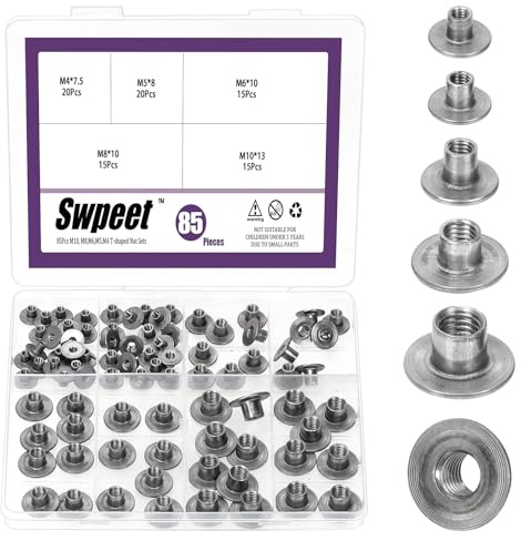 Swpeet Lot de 85 écrous en T en acier au carbone 5 tailles M4 × 7,5 M5 × 7 M6 × 10 M8 × 10 M10 × 13, écrous en T pour meubles en bois