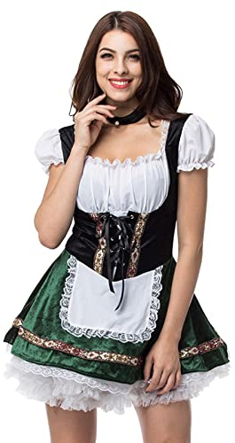 Women's German Dirndl Dress Oktoberfest Outfit Women Ladies Bavarian Costume Maid Dress Traditional Puff Short Sleeves Halloween Outfit for Bavarian Beer Carnival Oktoberfest Party Green