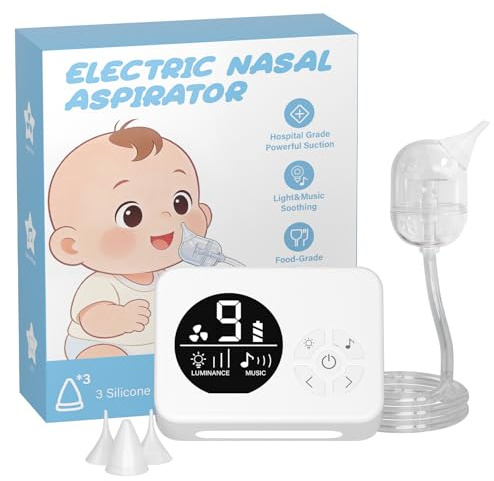 Nasal Aspirator for Baby, Nose Sucker with 9 Suction Levels, Electric Snot Sucker, 3 Levels Night Light & Nursery Rhyme Soothing Function, Food-Grade Silicone Tips