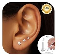 Flat Back Stud Earrings for Women Surgical Steel Nose Stud Hypoallergenic Nose Piercing Jewelry Gold 16G Cartilage Earring Helix Tragus Medusa Labret Piercing Jewelry With Piercing Ball Grabber Tool A