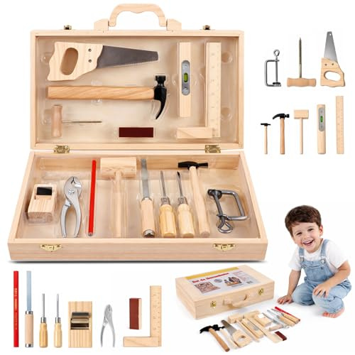 Kinder Werkzeugkasten, Werkzeugkoffer Kinderwerkzeug Montessori & STEM Spielzeug Mit Zubehör, Lernspielzeug mit Echtem Werkzeug, Geschenk für 3-6 Jährige
