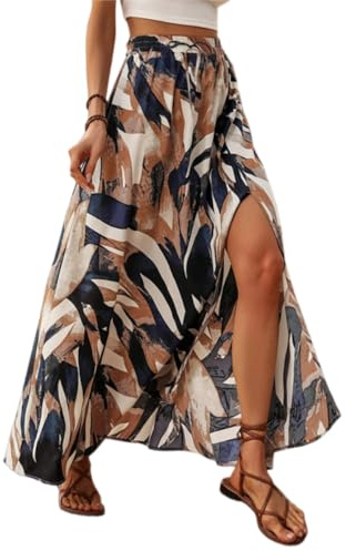 EIRUKON Faldas Mujer Verano Larga Falda Bohemia Cintura Alta Elegante Maxi Falda Elástica Línea A Faldas con Abertura para Vacaciones Playa Casual