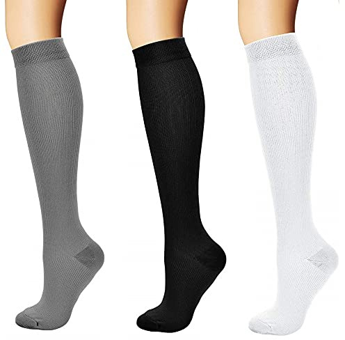 3 Reisestrümpfe Stützstrümpfe Kompressionsstrümpfe Kniestrümpfe Damen Herren, Schwarz Weiß Grau, S/M (EU 35-39)