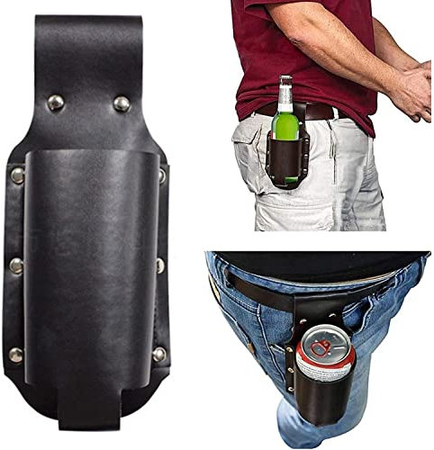 PU Leather Beer Holster, Waist Bag Travel Pouch for 12 Ounce Beer Bottle Beer Can Soda Beverage Holder, for Picnic Beach Barbeques (Black)