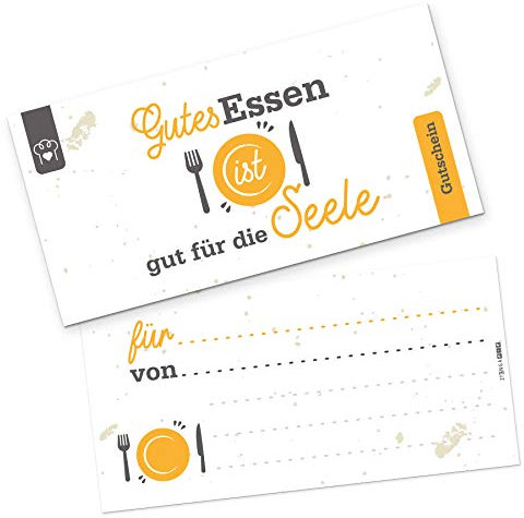 itenga Geschenkgutschein Verpackung I Geschenkkarte Essen Restaurant I Motiv Gutes Essen ist gut für die Seele I Gutschein I 21x 10,5cm I zum Ausfüllen