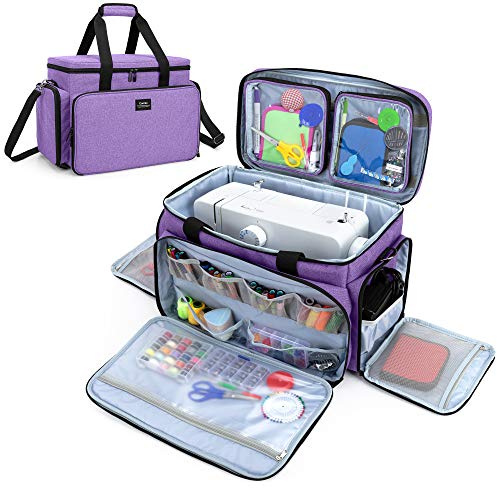 CURMIO Bolsa para Máquina Coser, Bolsa de Viaje para Máquina Coser, Maleta de Máquina Coser con 2 Bolsillos Extraíbles Transparentes, Adecuado de la mayoría de Máquina de Coser Universales, Púrpura.