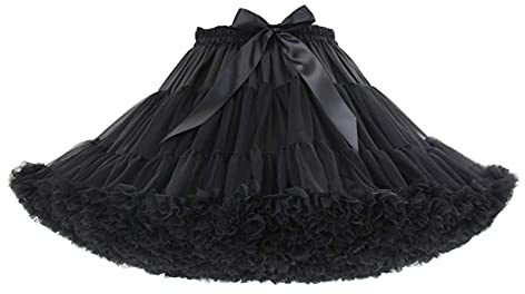 PhilaeEC Women's Elastic Waist Chiffon Petticoat Puffy Tutu Tulle Skirt Multi-Layer Cosplay Fluffy Skirt Underskirt, Length 40cm, Waist 55-95cm (Black)