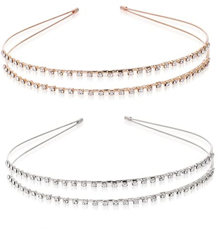 Sibba Lot de 2 bandeaux à cheveux double couche en métal avec strass brillants pour princesse, mariage (doré, argenté)