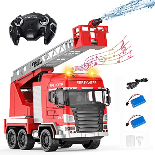Hlieeosfcn Coche de Bomberos, Toys Fire Fighter, 1:24, 7 Canales con Pilas Dobles luz y Sonido, 3-6-10 con función de Salpicaduras de Agua, Escalera, 3-6-10 niños