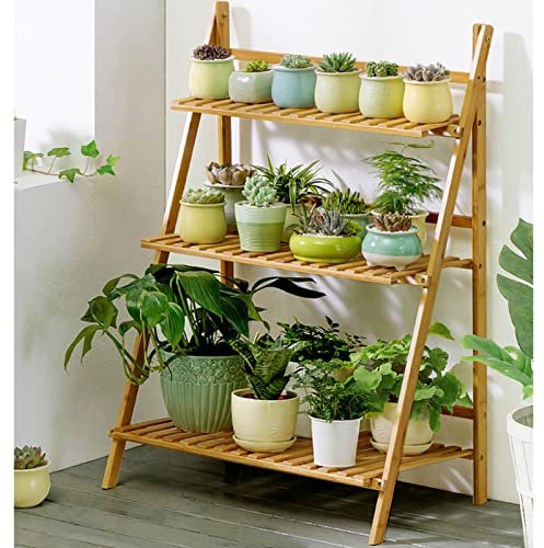 Soporte para plantas de bambú Estantes plegables para flores Esquina Estante de escalera de 3 niveles para múltiples plantas Patio de jardín, Soporte para maceta Estantes de exhibición de almacenamien